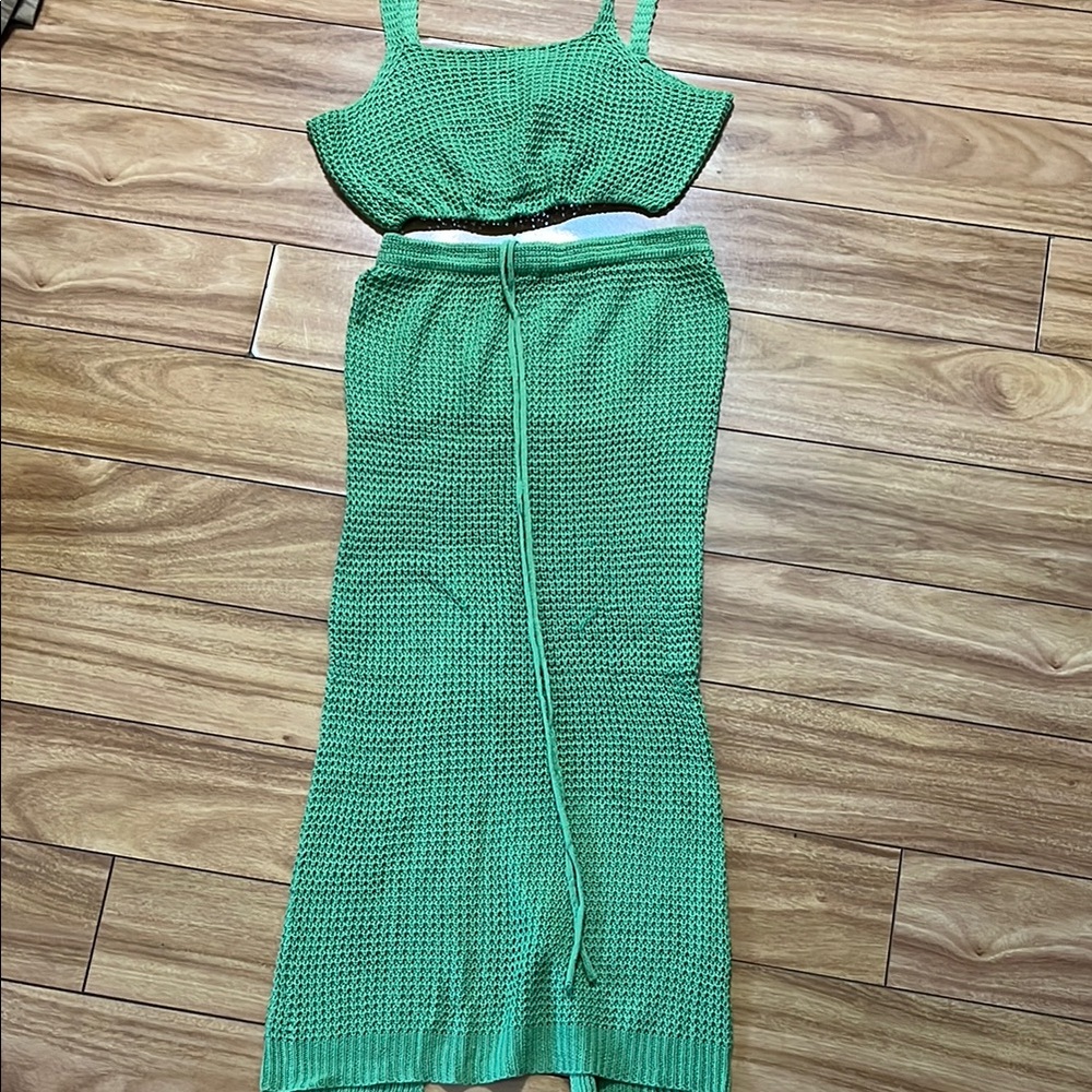 Green Knit Two-Piece Set for beach
